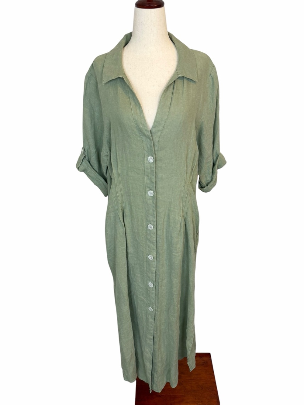 Zara 100% Linen Shirt Midi Dress in Sage Green sz M Button Down Boho Minimalist